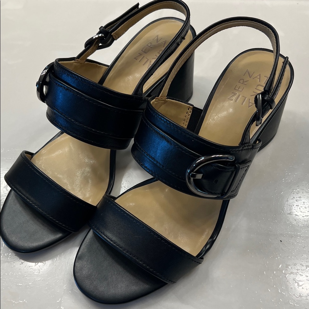 Never Worn Naturalizer Kaylee Open Toe Black Leather Slingback with Square Heel
